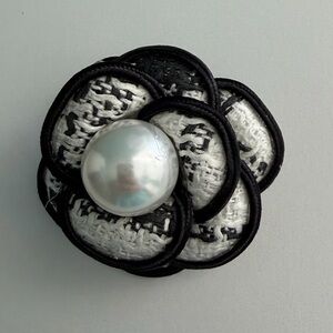 Faux Pearl Tweed Fabric Camellia Flower Brooch with Black Trim